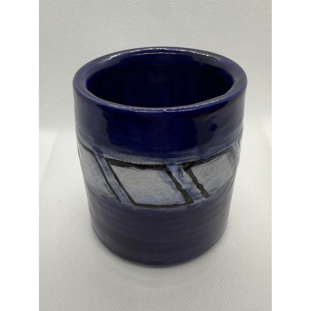 Studio Pottery Cobalt Blue Cup Handmade Ceramic Tumbler Geometric Design Signed